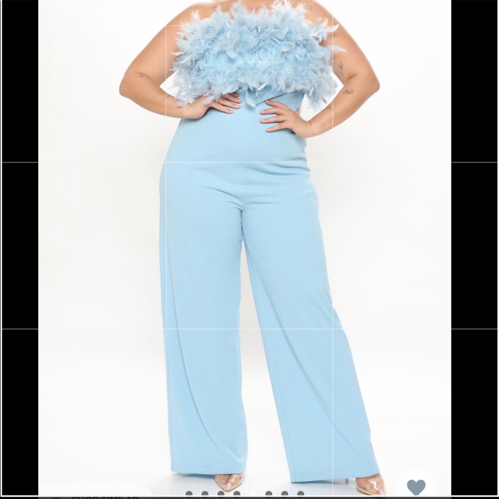 powder blue feather jumpsuit!!